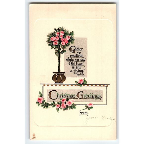 Vintage Raphael Tuck Christmas Greetings Postcard with Roses Poem Series 5105 - Picture 1 of 2